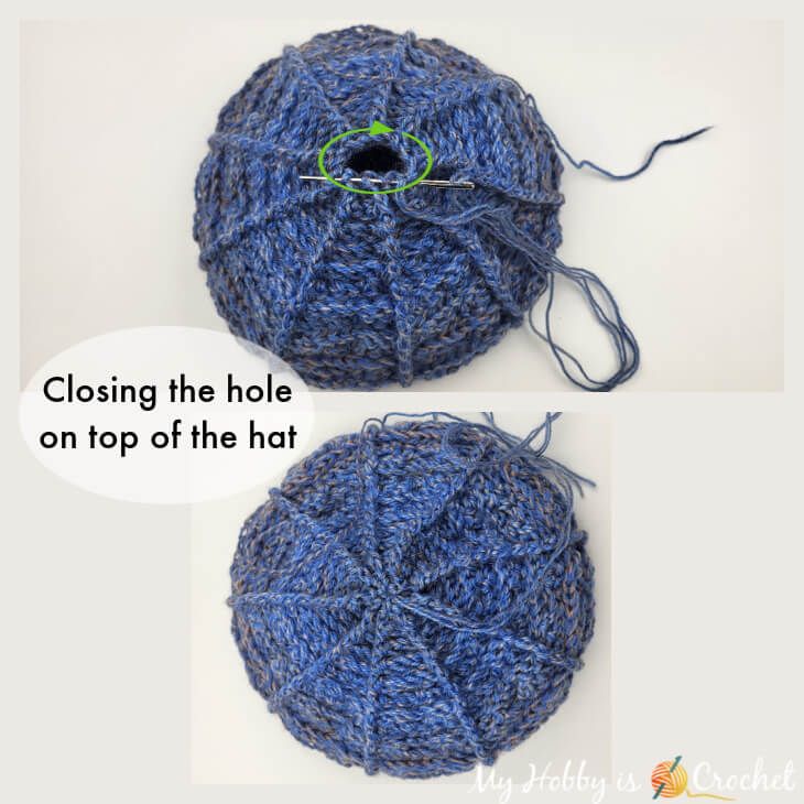 two pictures showing how to crochet the hole on top of the yarn ball