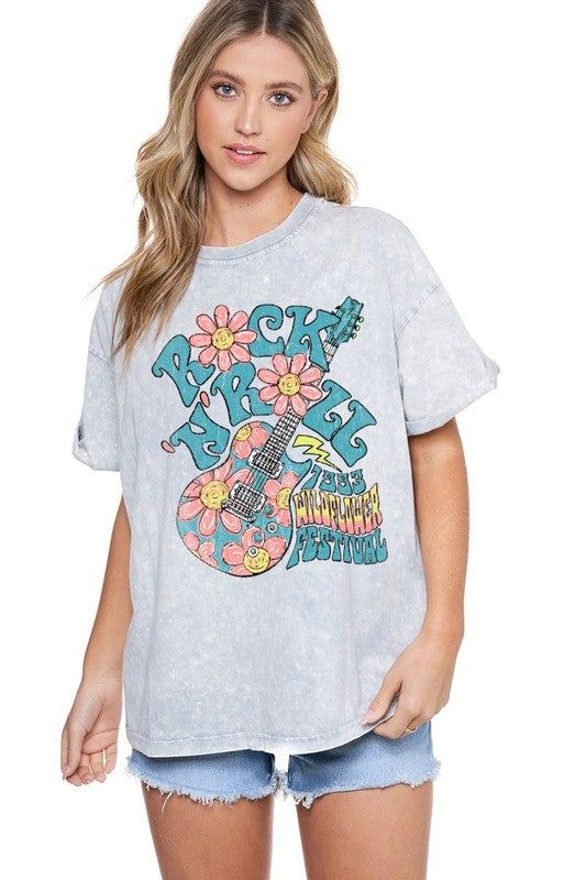 Rock and Roll Wildflower Graphic Tshirt Boyfriend Fit Mineral Wash Cotton Rolled Cuffs 100% Cotton Spring Festival Casual T-shirt, Spring Music Festival Crew Neck Tops, Spring Crew Neck Tops For Music Festival, Crew Neck Tops For Spring Music Festival, Trendy Festival Graphic Print T-shirt, Trendy Graphic Print T-shirt For Festivals, Summer Concert Top With Front Print, Trendy T-shirt For Music Festival, Casual T-shirt For Spring Concert