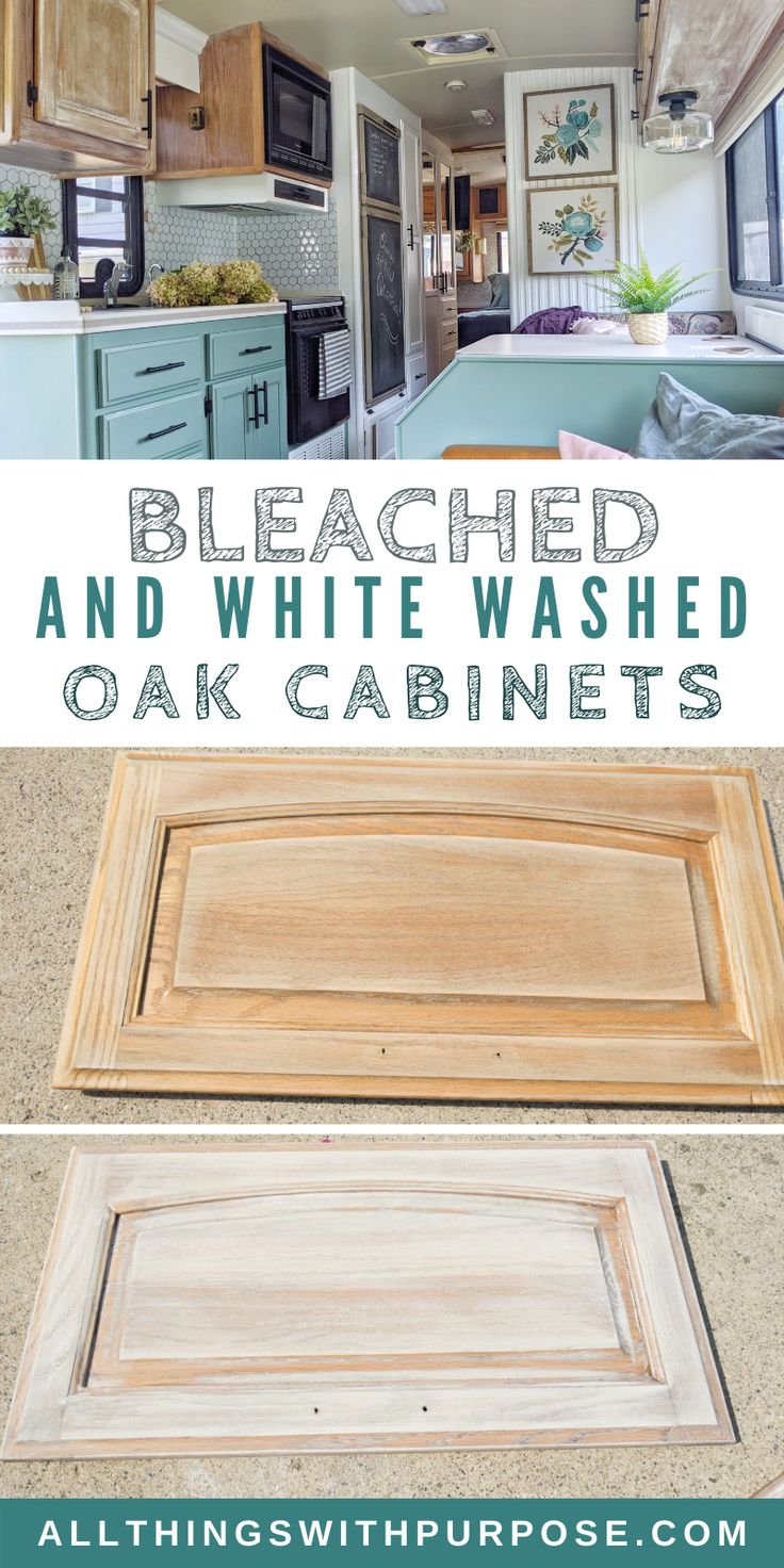 an old cabinet door is painted white and has the words, bleached and white washed oak cabinets