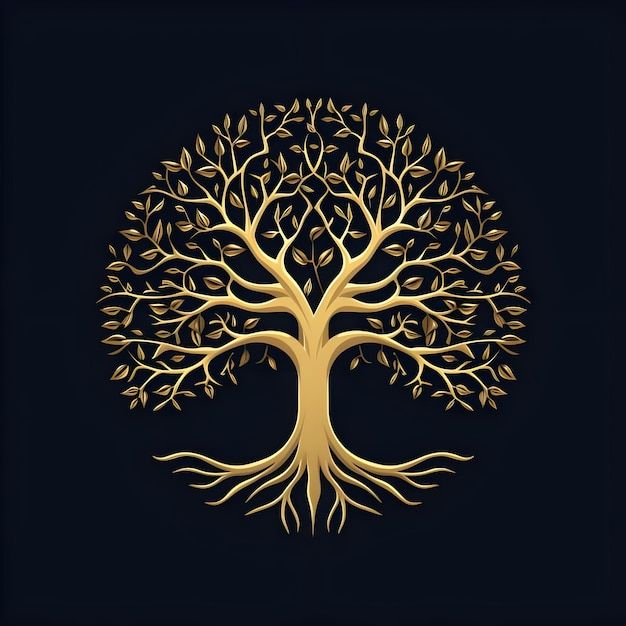 a golden tree on a black background with the roots in the shape of a heart