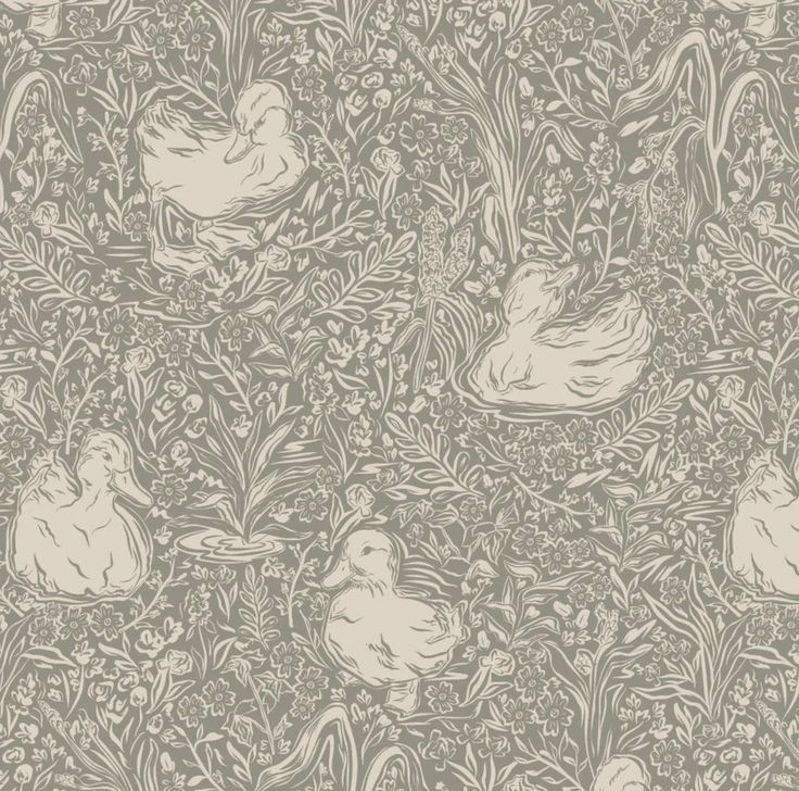 an old wallpaper with birds and flowers in the grass, on a gray background