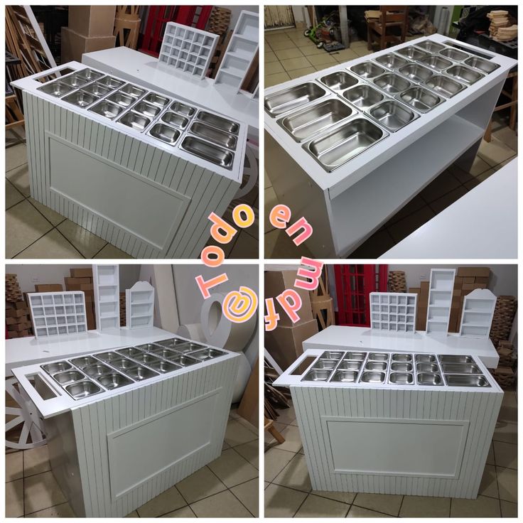 four different pictures of an ice chest and freezer in various stages of being assembled