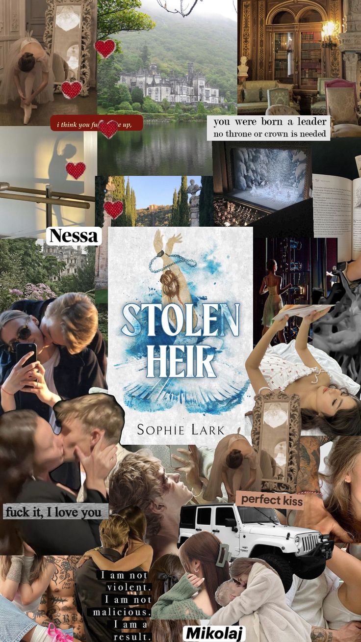 the collage shows many different pictures and words in one image, including an advertisement for stolen heir