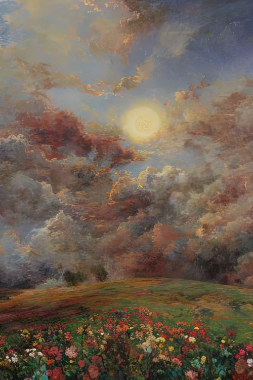 an oil painting of clouds and flowers in a field with the sun shining through it