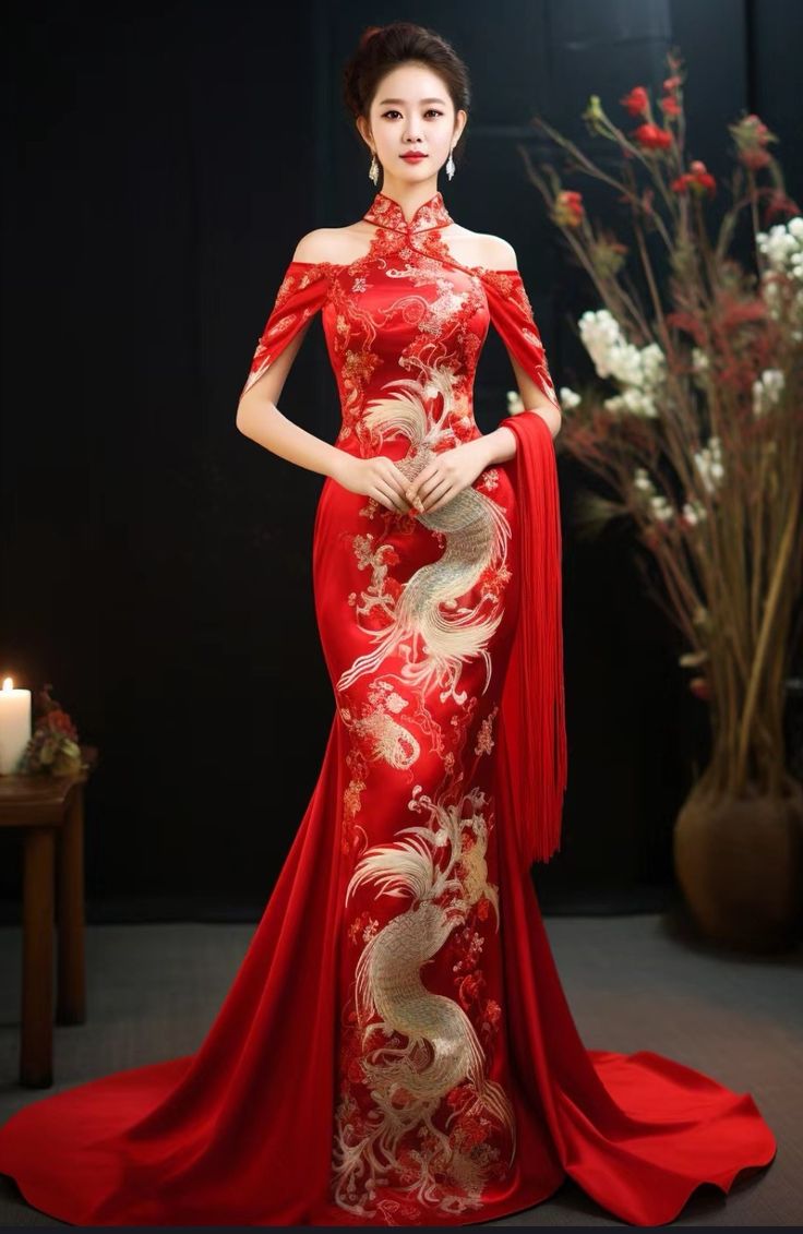 Cny Outfit, Chinese Bridal Dress, Chinese Style Wedding Dress, Modern Chinese Wedding Dress, Red Chinese Wedding Dress, Chinese Clothing Traditional, Royal Gowns, Chinese Fancy Dress, Traditional Asian Dress