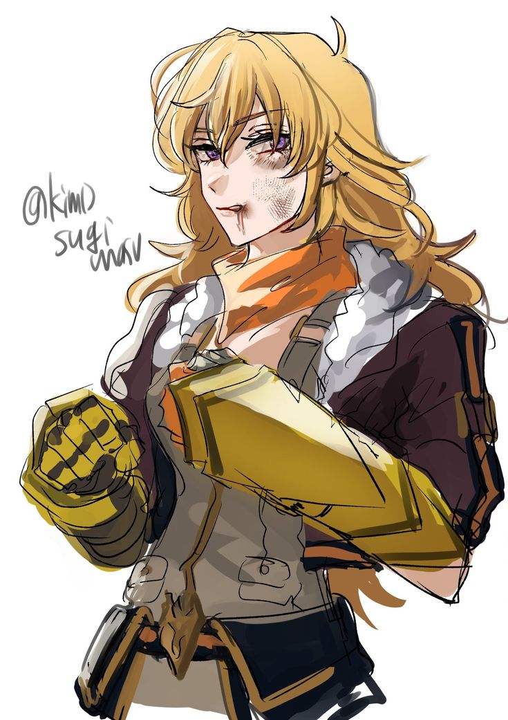 an anime character with long blonde hair holding a yellow glove and looking at the camera