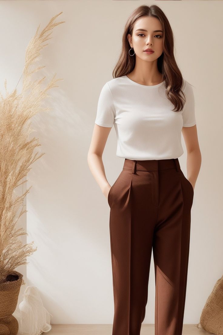 Brown Trousers Outfit Women, Simple Office Outfit, Brown Trousers Outfit, Brown Top Outfit, Pleated Pants Outfit, Casual Office Outfit, Trousers Women Outfit, Summer Work Outfits Office, Pant Outfits For Women