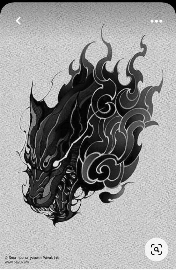 a black and white drawing of a dragon's head with flames coming out of it