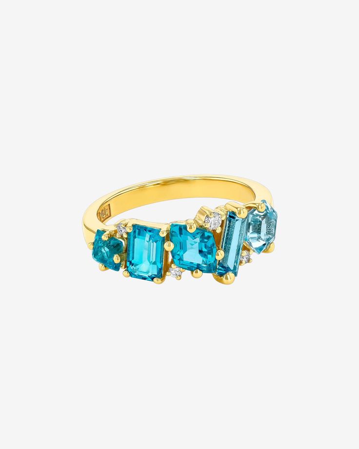 Kalan By Suzanne Kalan Nadima Blend Aqua Ombre Ring in 14k yellow gold Emerald Cut Multi-stone Topaz Ring In Fine Jewelry Style, Modern Multi-stone Baguette Cut Rings, Fine Jewelry Baguette-cut Multi-stone Diamond Ring, Fine Jewelry Multi-stone Topaz Rings, Fine Jewelry Topaz Multi-stone Rings, Fine Jewelry Multi-stone Topaz And Diamond Ring, Fine Jewelry Diamond Multi-stone Topaz Ring, Fine Jewelry Blue Topaz Rings With Single Cut Diamonds, Fine Jewelry Blue Topaz Cluster