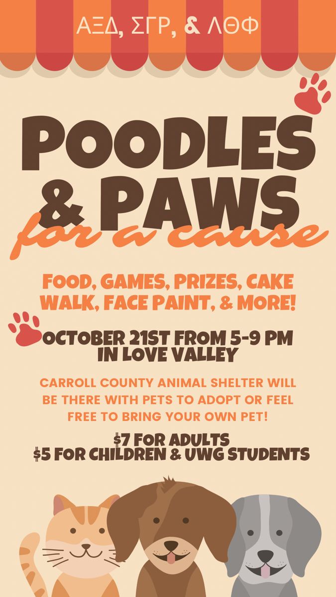 the poster for poodles and paws is shown in red, white, and orange