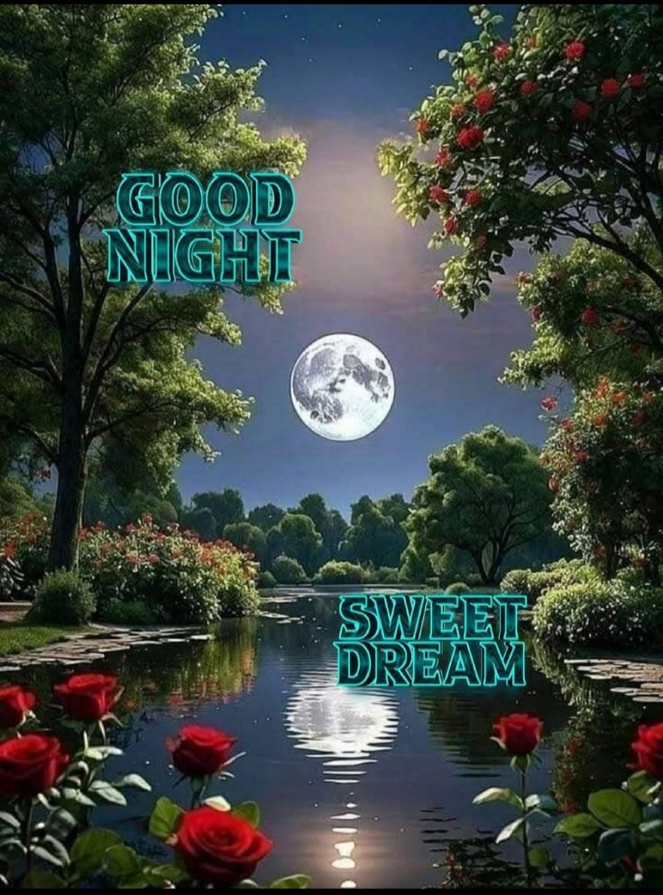 a river with roses in the foreground and a full moon in the background that says good night sweet dream