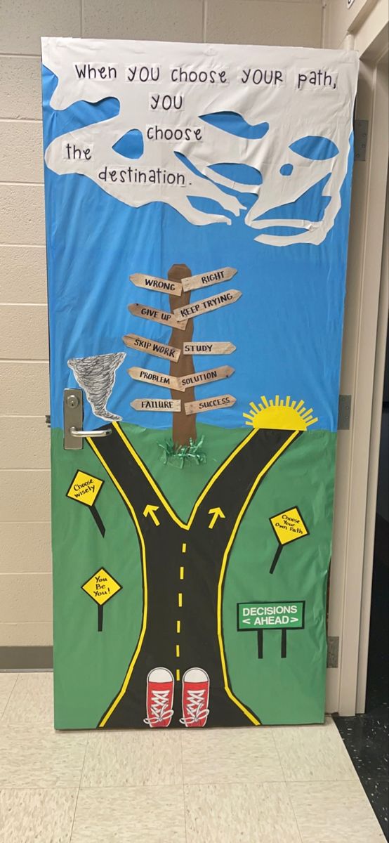 a bulletin board with an image of a person on the road and words that read when you choose your path, you choose the destination