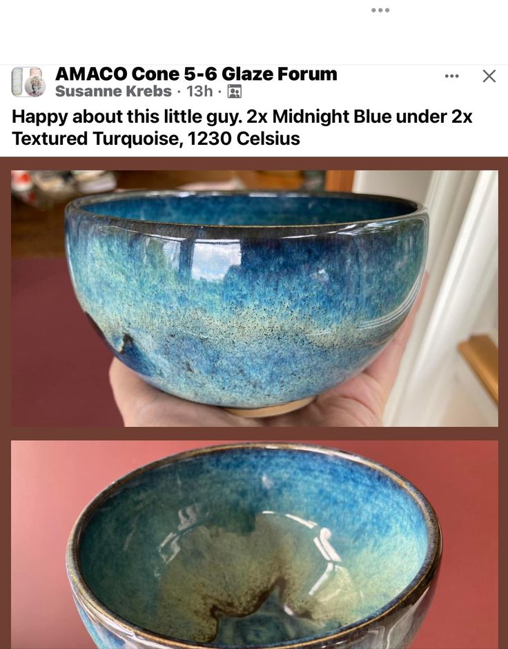 two pictures of blue and green bowls in different stages of being held by someone's hand