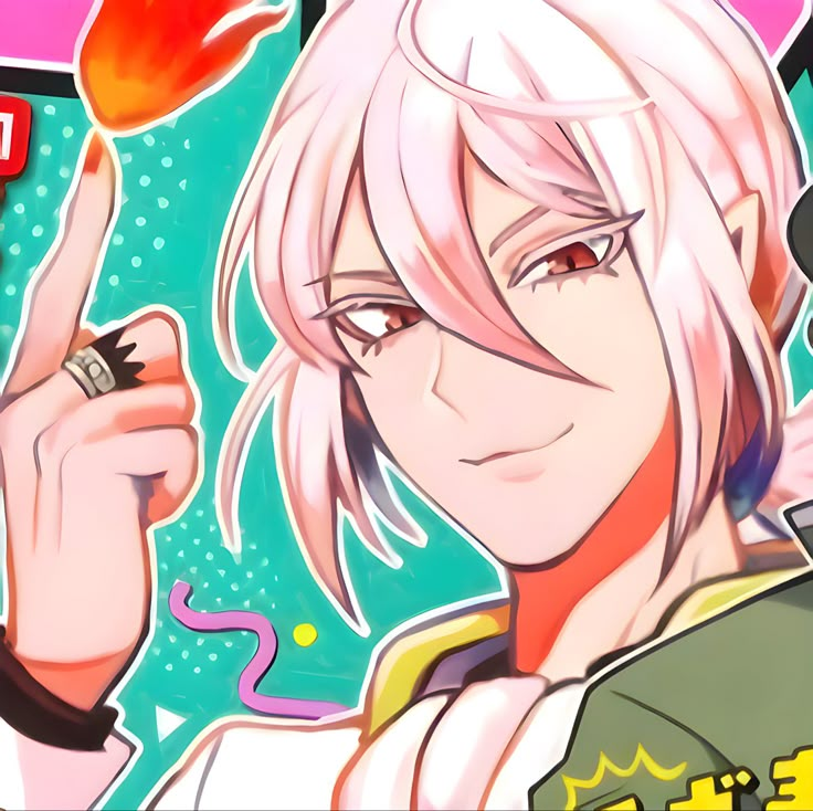 an anime character with blonde hair pointing to the side and holding his finger up in front of him