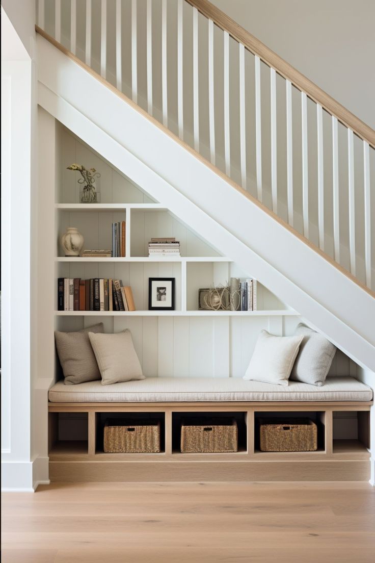 a white book shelf under a staircase with books and baskets on the bottom shelves, underneath a set of stairs