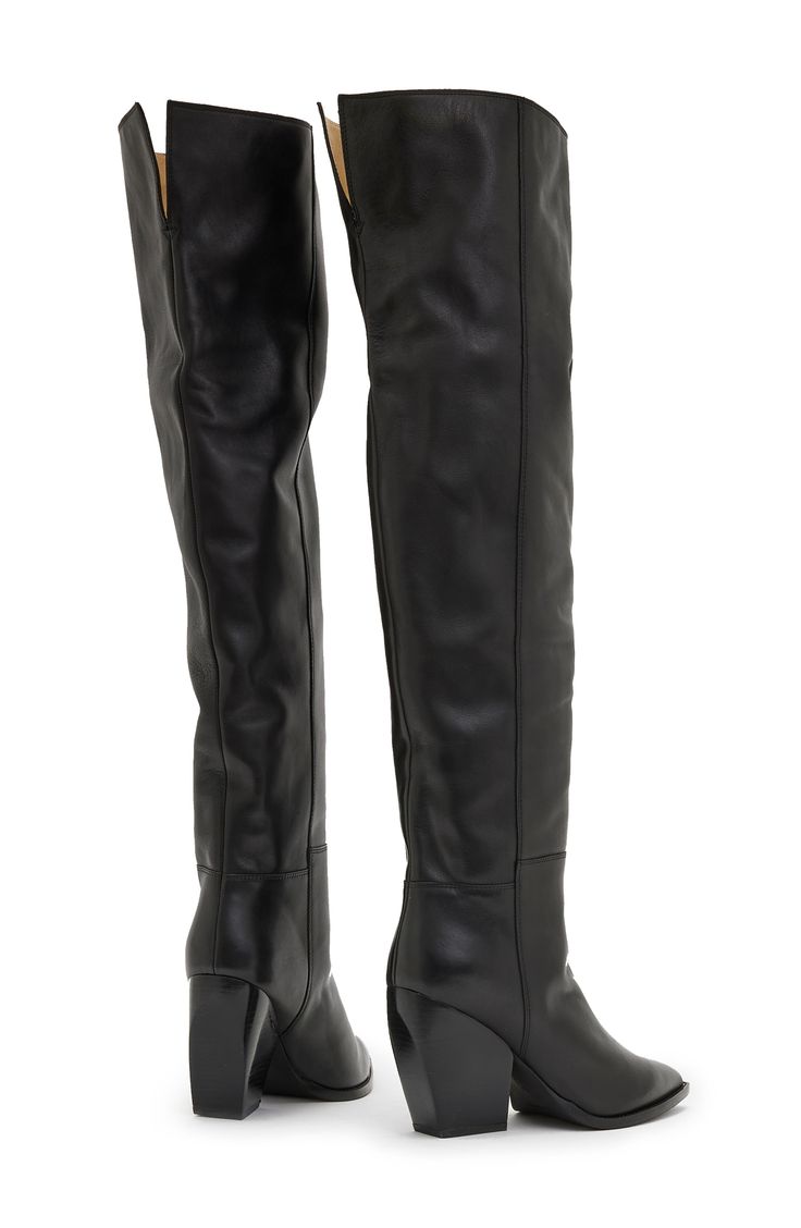 Step out in a sophisticated over-the-knee boot crafted from smooth leather with stitch detailing and grounded by a chunky, stacked heel. 3 1/2" heel 21" shaft Leather upper and lining/synthetic sole Imported Sleek Leather Over-the-knee Boots, Leather Over-the-knee Platform Boots For Fall, Wide Calf Thigh High Leather Heeled Boots, Leather Thigh High Boots With Wide Calf Fit, Thigh High Leather Heeled Boots For Wide Calves, Sleek Leather Over-the-knee Heeled Boots, Chic Leather Thigh High Heeled Boots, Chic Thigh-high Leather Heeled Boots, Knee-high Heeled Boots With Padded Heel