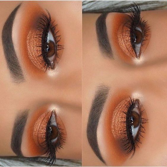 Makeup For Dark Orange Dress, Make Up For Orange Dress Makeup, Brown Orange Eye Makeup, Orange Dress Eye Makeup, Makeup Ideas Orange Brown, Cutcrease Eyemakeup Brown, Orange Inspired Makeup, Orange Brown Makeup Looks, Burnt Orange Wedding Makeup