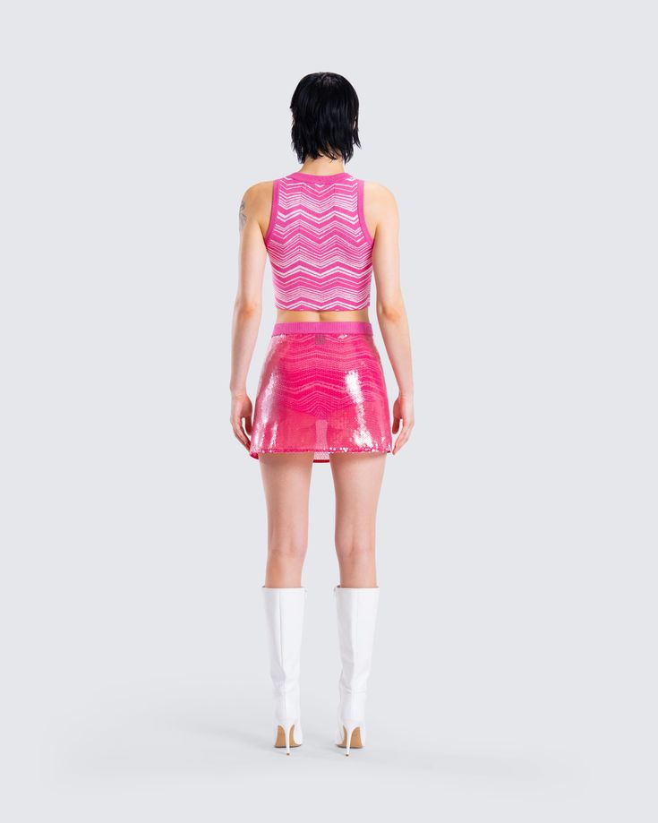 Leave them speechless when you walk in wearing this fit 🍬 Featuring a pink zig zag knit top, matching booty shorts, and a pink sequin mini skirt - this full three-piece set is the pop of pink you have been waiting for 💅 Sequin Mini Skirt, Sequin Mini Skirts, Pink Sequin, Sequin Mini, Cargo Pant, Three Piece, Pink Print, Zig Zag, Shoe Collection