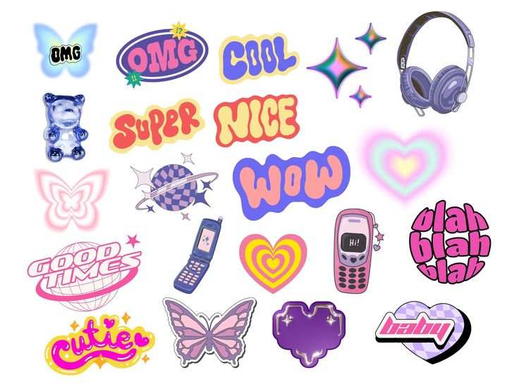 various stickers are arranged on a white background