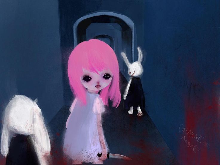 a painting of a girl with pink hair standing in front of two white rabbits on the floor