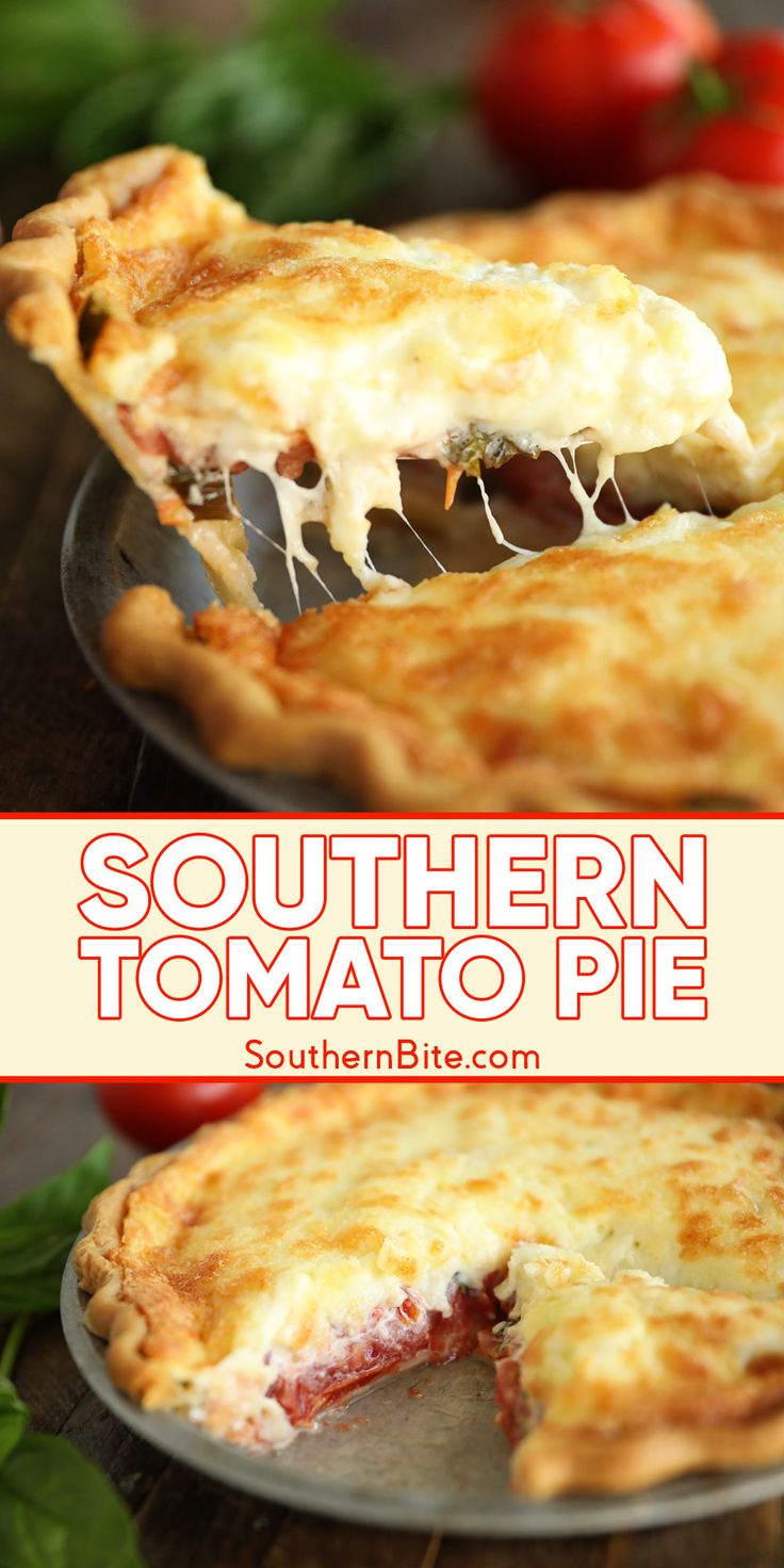 the southern tomato pie is cut in half