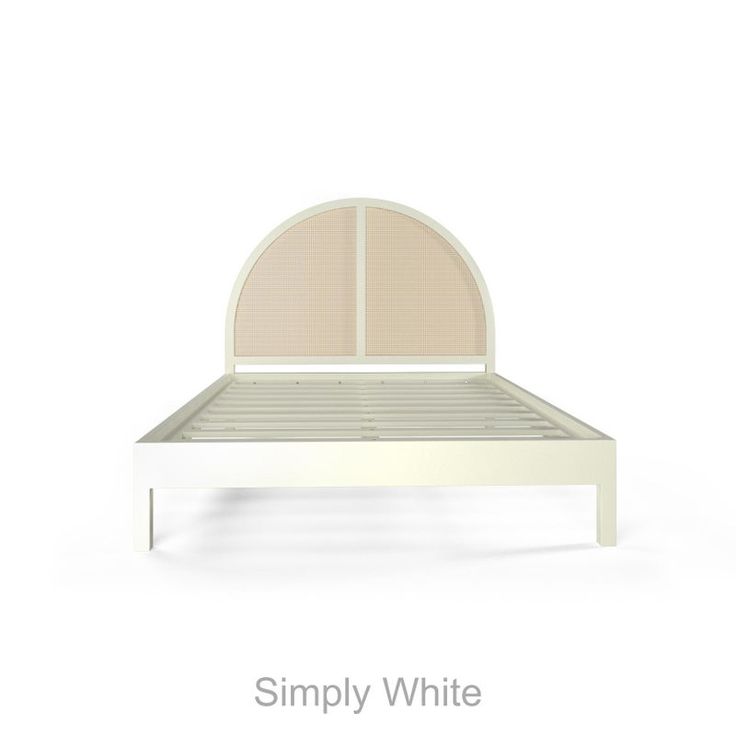 a white bed with an arched headboard and foot board on the bottom, sitting in front of a white background