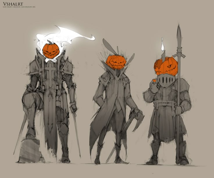 three knights with orange helmets and swords, one holding two pumpkins in his hands