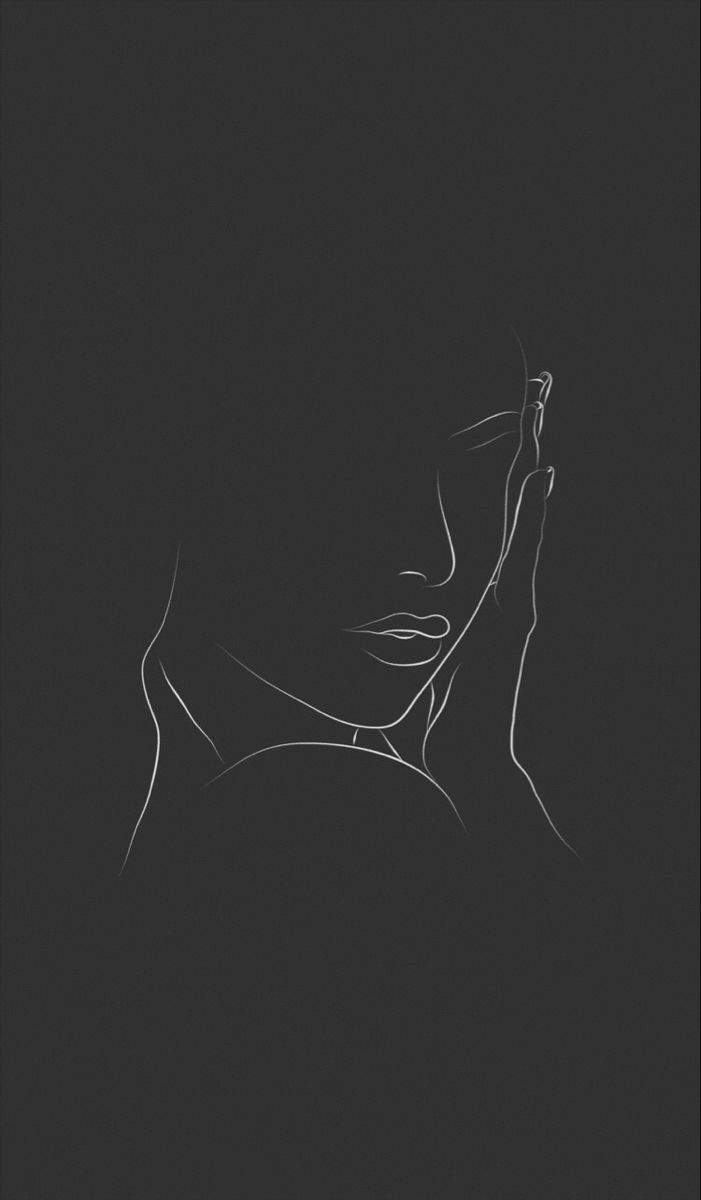 a drawing of a woman's face with her hand up to her chin, in black and white