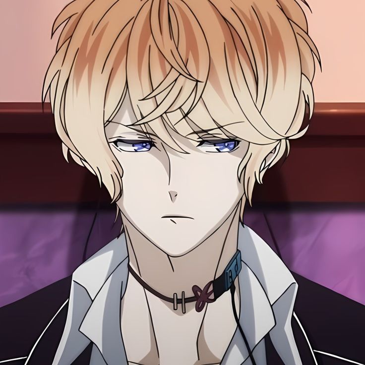 an anime character with blonde hair and blue eyes wearing a collared shirt in front of a purple wall