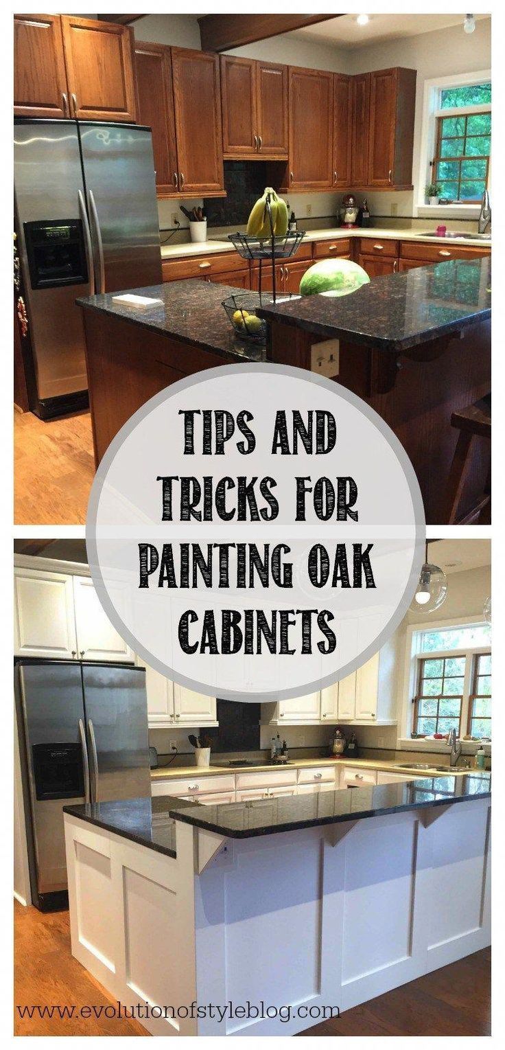 two pictures with the words tips and tricks for painting oak cabinets in black and white