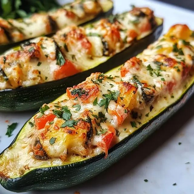 zucchini stuffed with cheese and vegetables sitting on a white plate next to greens