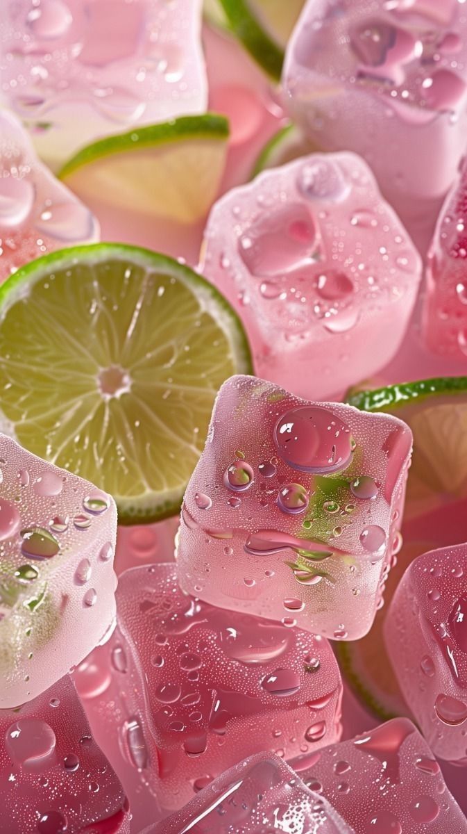 pink ice cubes with lime slices and water droplets