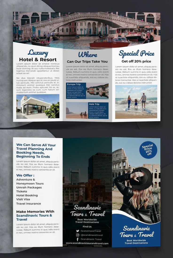 two fold brochure with an image of people on the beach and buildings in the background