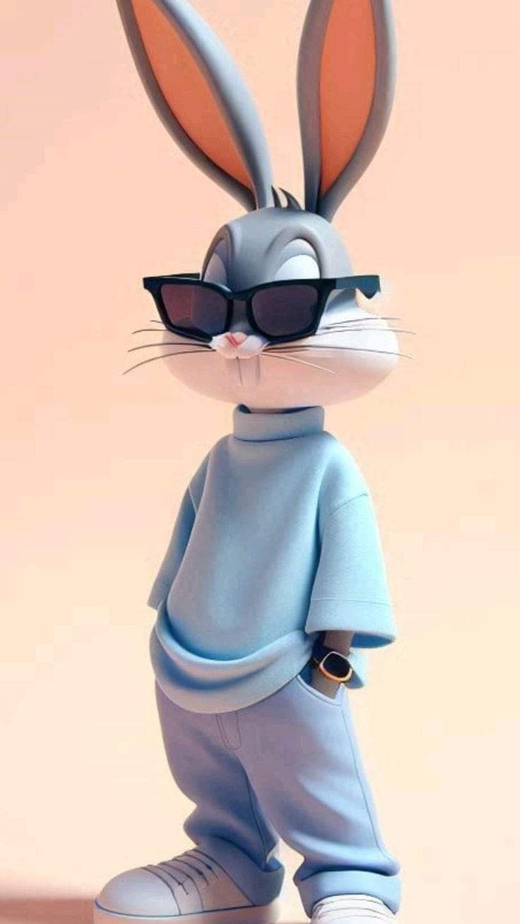 an animated rabbit with sunglasses on it's head and wearing blue clothes, standing in front of a pink background