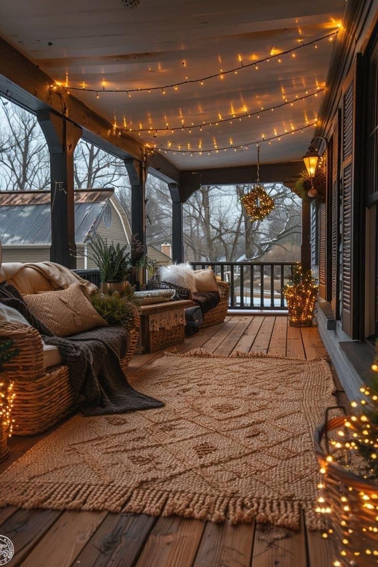 a covered porch with christmas lights strung from the ceiling and furniture on the deck area