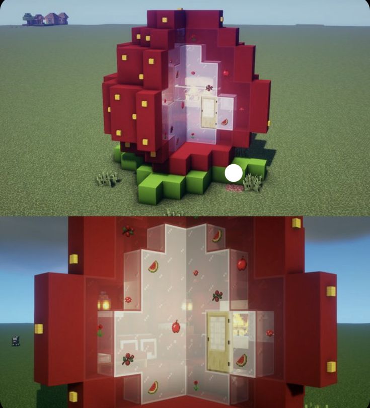 two different views of the same room in minecraft, one with red and green furniture