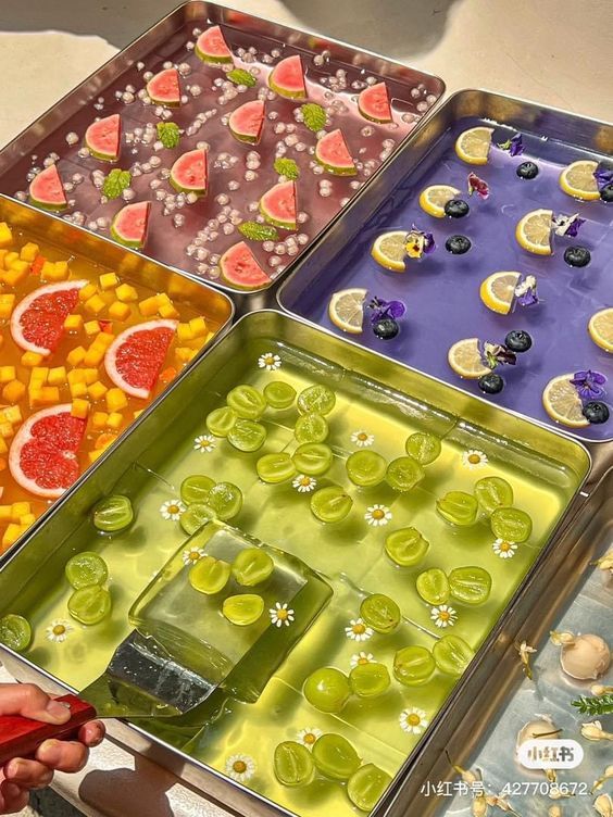 there are many trays with different types of fruit and ice cubes on them