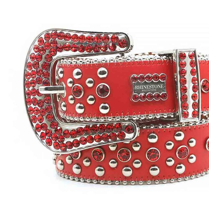 The Red Strap with Red Studded Rhinestone BB Belt is a stunning and unique accessory that can add a touch of glam to any outfit. Made from high-quality materials, this belt features a bright red strap with red studded rhinestones, paired with a bold "BB" buckle that catches the eye. The striking design of this belt is sure to make you stand out from the crowd. Designed to be unisex, this belt is perfect for both men and women. It can be worn with jeans, pants, shorts, or skirts, making it a vers Luxury Red Rhinestone Jewelry, Trendy Red Jewelry With Rhinestones, Red Embellished Party Jewelry, Bb Belts, Bb Belt, Belt Store, Leopard Print Belt, Belt Plus Size, Bling Belts