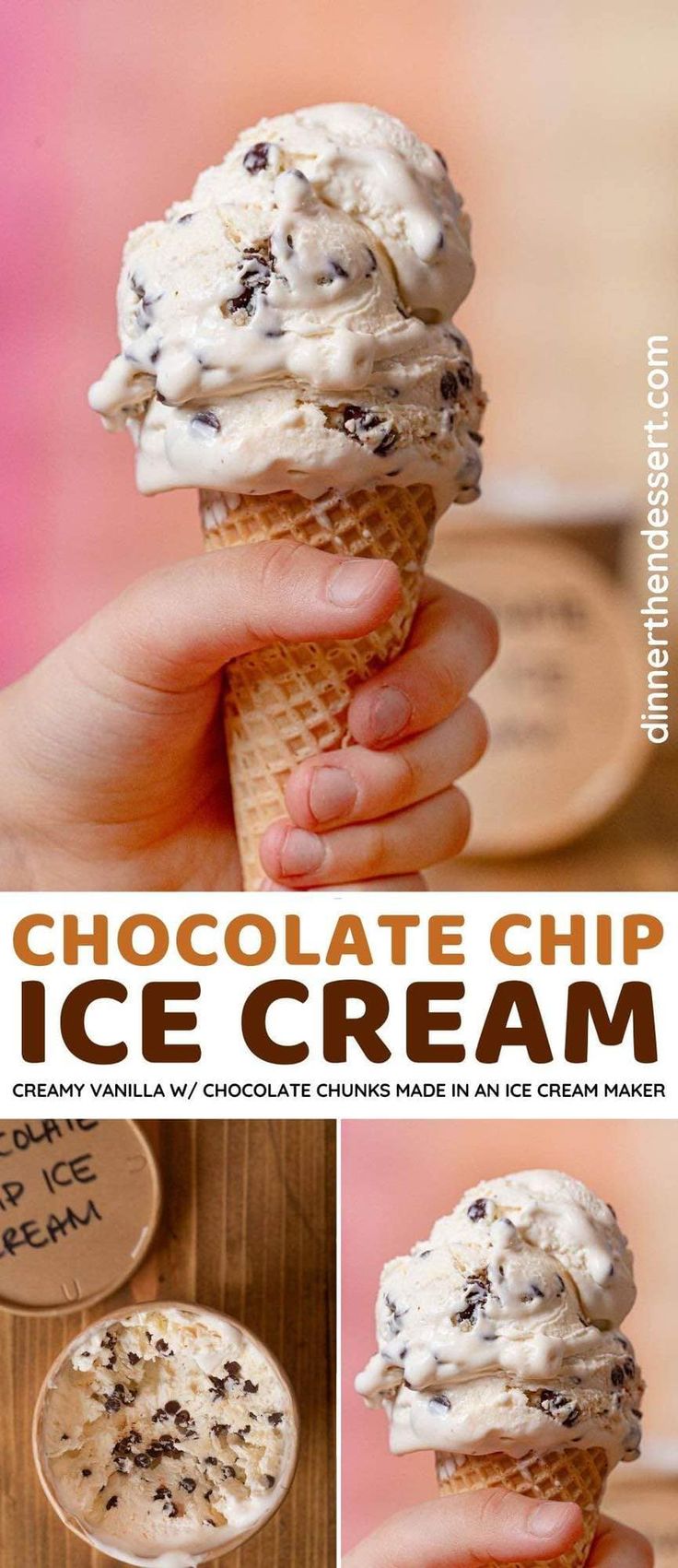 chocolate chip ice cream is in a cone