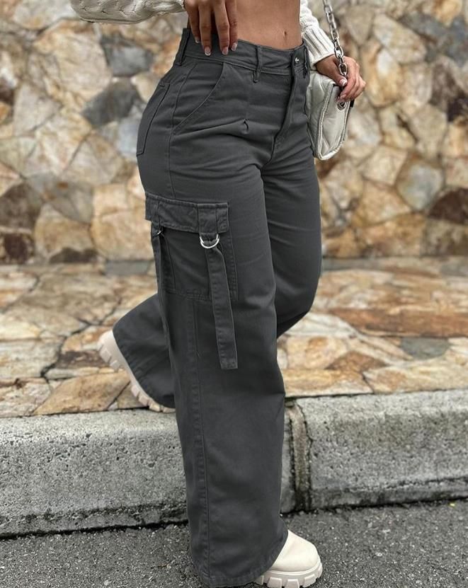 Green Cargo Pants Pocket Design High Waist Button Solid Color Pants 2024 Summer New Fashion Loose Women's Pants Streetwear AMAIO Celana Kargo, High Waisted Cargo Pants, Retro Pants, Black Overalls, Green Cargo Pants, Solid Color Pants, High Waist Fashion, Baggy Pants, Hipster Fashion