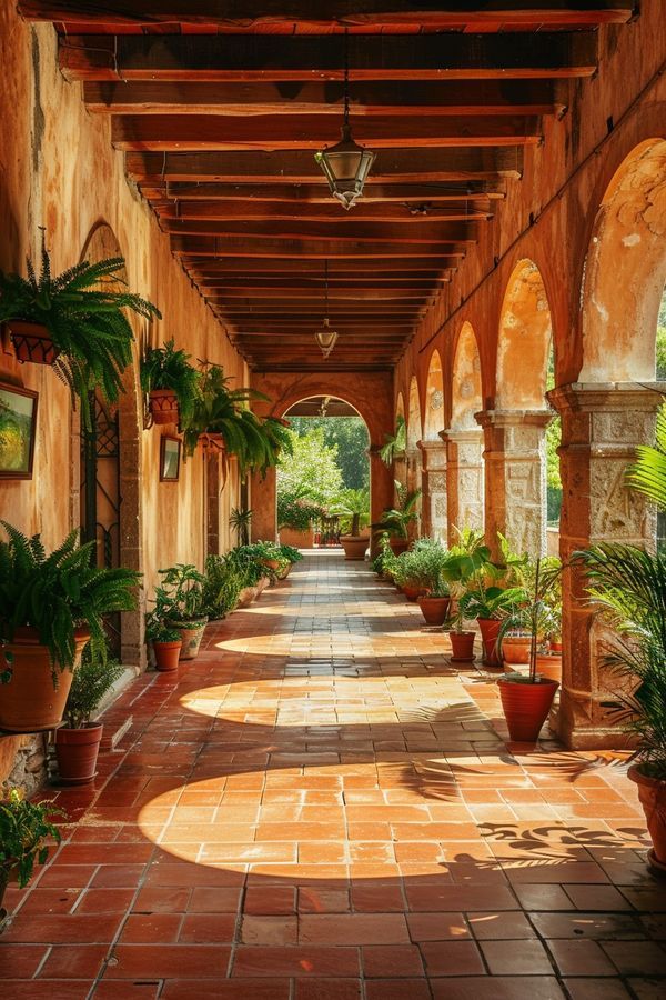 an outdoor walkway with potted plants on either side and archways to the right