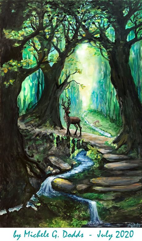 an acrylic painting of a deer by a stream in the woods with trees