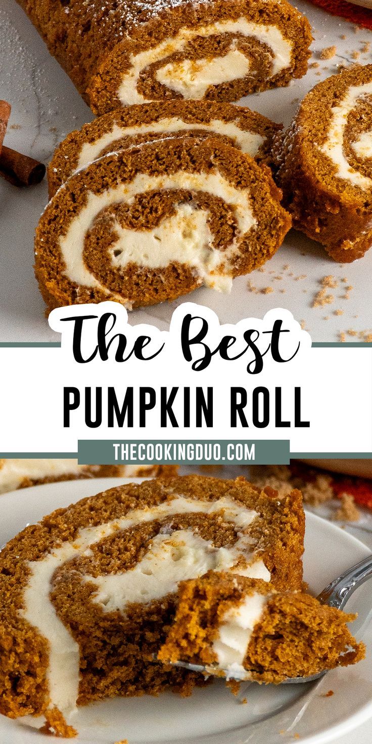 Close-up of pumpkin roll on a plate and white counter. No Bake Pumpkin Cheesecake Bars, Pumpkin Roll Recipe, Pumpkin Rolls Recipe, No Bake Pumpkin, Pumpkin Cheesecake Bars, No Bake Pumpkin Cheesecake, Pumpkin Roll, Pumpkin Cream Cheeses, Pumpkin Treat