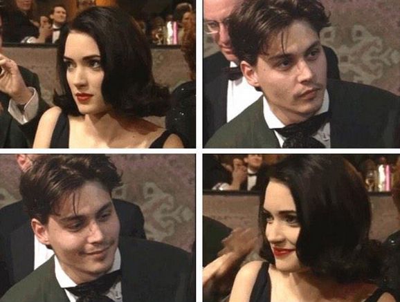 four different pictures of a man and woman in tuxedos with red lipstick on their lips