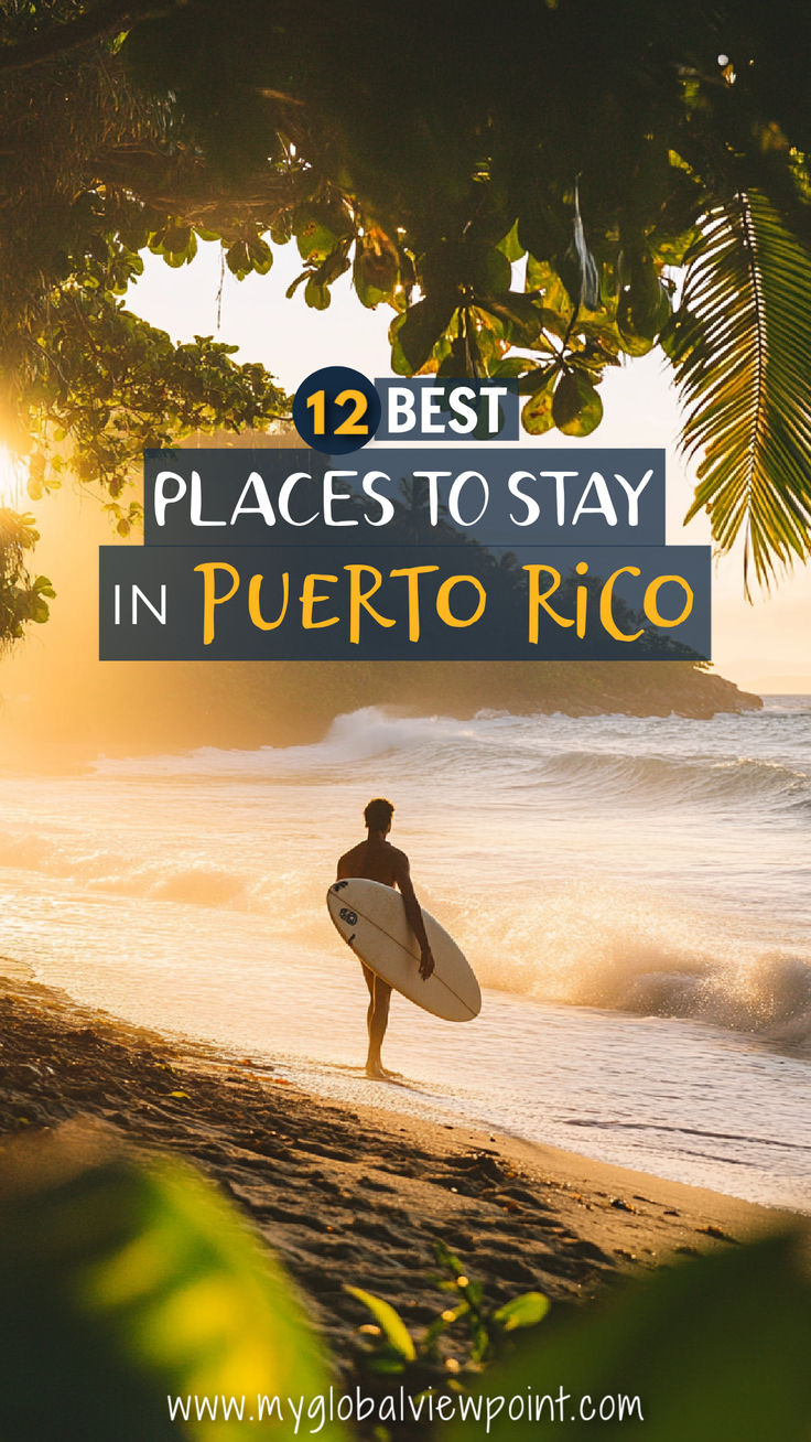 A surfer walking along a tropical beach at sunrise, holding a surfboard with waves crashing gently onto the shore, framed by palm trees and lush greenery, one of the best areas to stay in Puerto Rico. Pictures Of Puerto Rico, Jobos Beach Puerto Rico, Best Places To Stay In Puerto Rico, Puerto Rico Itinerary 5 Days, Where To Stay In Puerto Rico, Ponce Puerto Rico, Puerto Rico Beaches, Puerto Rico Trip, El Yunque National Forest