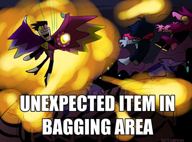 an animated image with the words unexpected item in bagging area and cartoon characters behind it