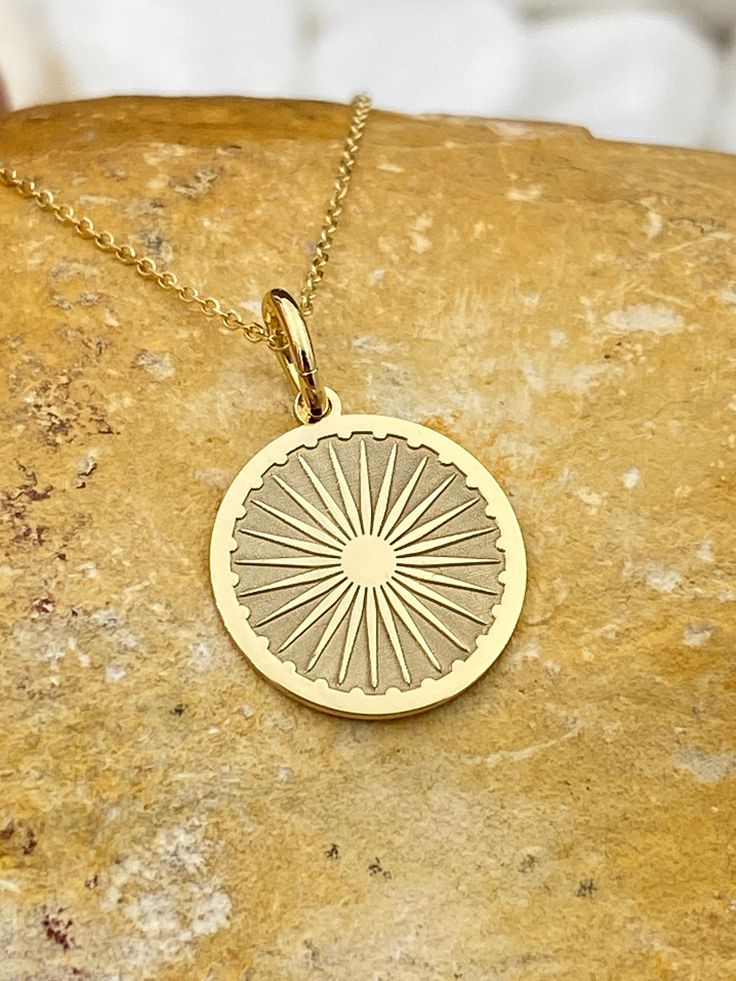 "Dainty 14k Solid Gold Ashoka Chakra Necklace, Personalized Ashoka Chakra Pendant, Dharma Wheel Necklace, Yoga Jewelry, Chakra Pendant 14k Solid Gold Choose What Size You Want the Pendant Using The First Option Box Choose If you Want Thinner, Thicker  Or Without Chain Using The Second Option Box Photos Are For The 0.5 inch Diameter Pendant Pendant thickness : 0.5mm  Contact us if you want it thicker Inner diameter of jump ring : 4mm Contact us if you need it bigger              No1 chain width : 0.87mm                 No2 chain width : 1.30mm     ♥  Material of pendant and chain: Solid Gold k14  ♥  Packaging: All of our jewelry are beautifully boxed and ready for gifting For more personalized designs take a look here: ♥ www.etsy.com/listing/736955132 ♥ www.etsy.com/listing/819494857 ♥ www. Traditional 14k Stamped Medallion Necklace, Traditional 14k Stamped Round Necklaces, Traditional Etched Yellow Gold Necklace, Traditional 14k Stamped Necklaces, Ashoka Chakra Logo, Hindu Pendant, Shanku Chakra Namam Jewellery, Shanku Chakra Design Gold Pendants, Ashoka Chakra