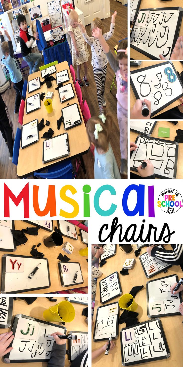 the poster for musical chairs is shown with pictures of children and adults in various poses