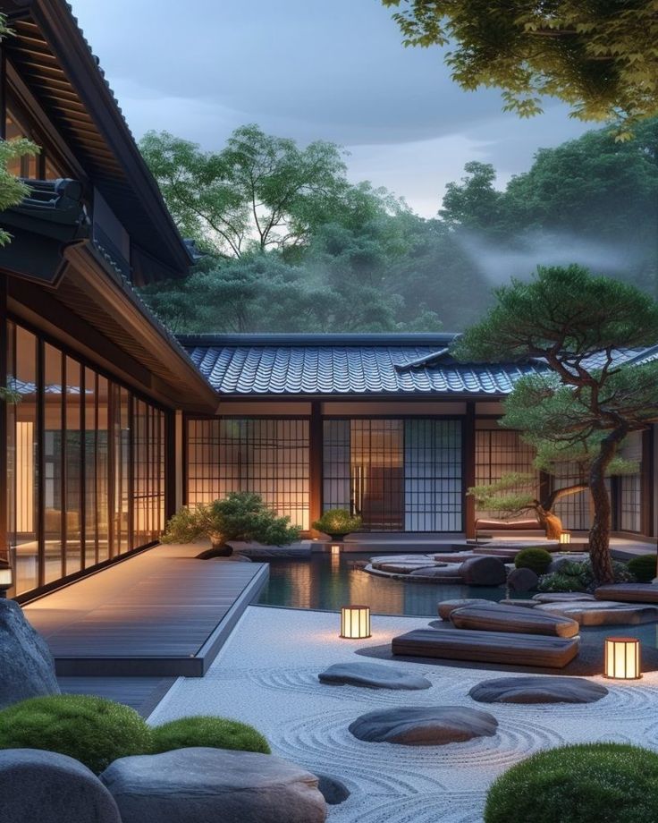 a japanese garden with rocks and trees in the background at dusk, lit up by lanterns