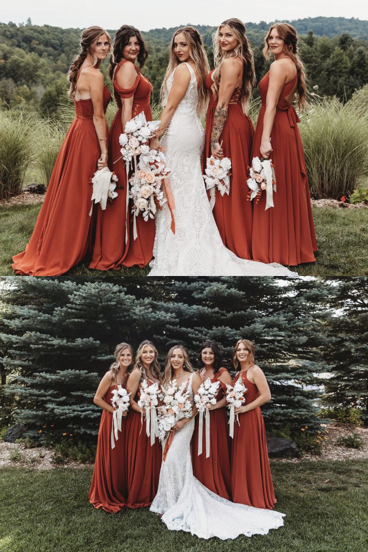 the bride and her bridesmaids are all wearing red dresses